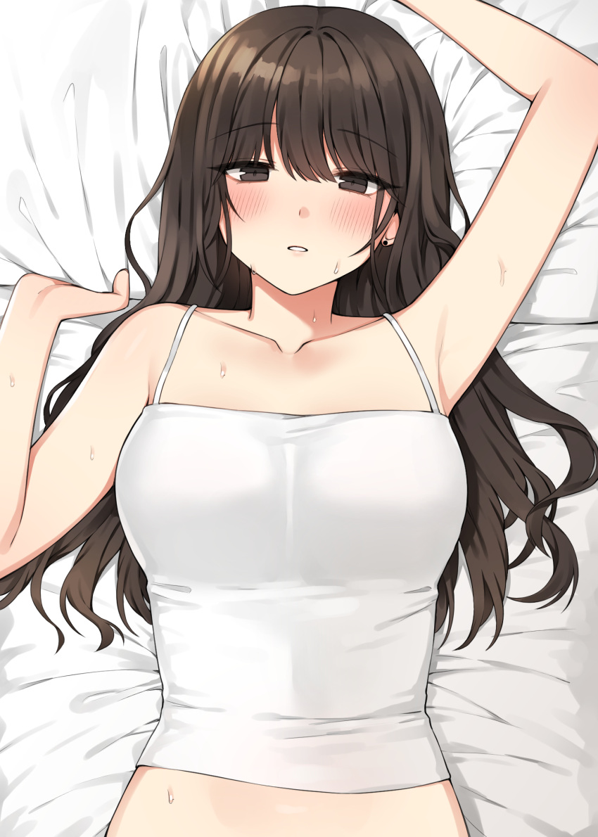 animal_ears arm_up armpits bad_id bad_pixiv_id blunt_bangs blush breasts brown_eyes brown_hair cameltoe canape_(canape0130) collarbone commentary_request earrings female highres jewelry korean_commentary large_breasts long_hair original parted_lips pillow pillow_grab solo stud_earrings sweat upper_body wolf_ears