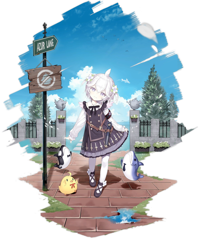 :3 ahoge animal azur_lane belt bird black_dress black_footwear black_ribbon blue_sky capriccio chick cloud day dress female flower full_body hair_flower hair_ornament head_tilt highres long_sleeves looking_at_viewer manjuu_(azur_lane) neck_ribbon official_alternate_costume official_art outdoors pantyhose pavement purple_eyes ribbon shadow shoes short_hair sign sky smile solo standing stuffed_animal stuffed_shark stuffed_toy transparent_background two_side_up u-110_(a_cute_sharky_reverie)_(azur_lane) u-110_(azur_lane) white_hair white_pantyhose