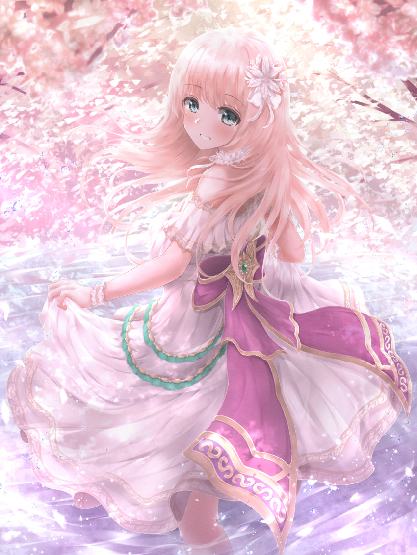 absent blonde_hair blush breasts cherry_blossoms dress female flower green_eyes hair_flower hair_ornament highres long_hair open_mouth original pink_hair