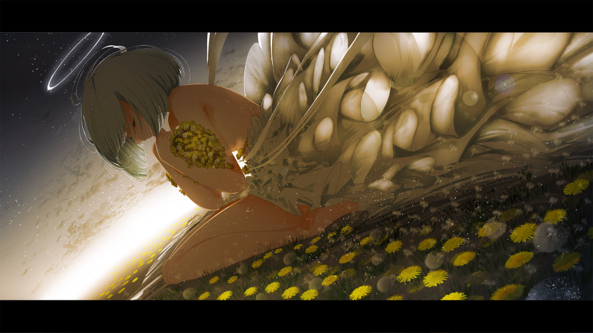 ahoge backlighting bare_shoulders barefoot blue_hair chocoshi closed_eyes cloud commentary_request dress dutch_angle female field flower flower_field frilled_dress frills from_side halo hands_up head_down highres holding holding_flower horizon kneeling letterboxed no_bra original ribbon short_hair sky solo white_dress white_ribbon yellow_flower