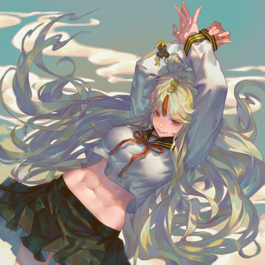 absurdres alternate_costume arms_up blurry bow bowtie breasts contemporary cowboy_shot crop_top crop_top_overhang crossed_arms depth_of_field dutch_angle female floating_hair genshin_impact grey_hair hair_bun hair_ornament hair_stick highres large_breasts long_hair long_sleeves looking_at_viewer lowleg lowleg_skirt midriff miniskirt navel ningguang_(genshin_impact) pleated_skirt red_bow red_bowtie red_eyes red_ribbon ribbon rui_(gsr1982) school_uniform serafuku single_side_bun skirt sleeves_past_wrists smile smoke solo tassel tassel_hair_ornament toned very_long_hair white_hair