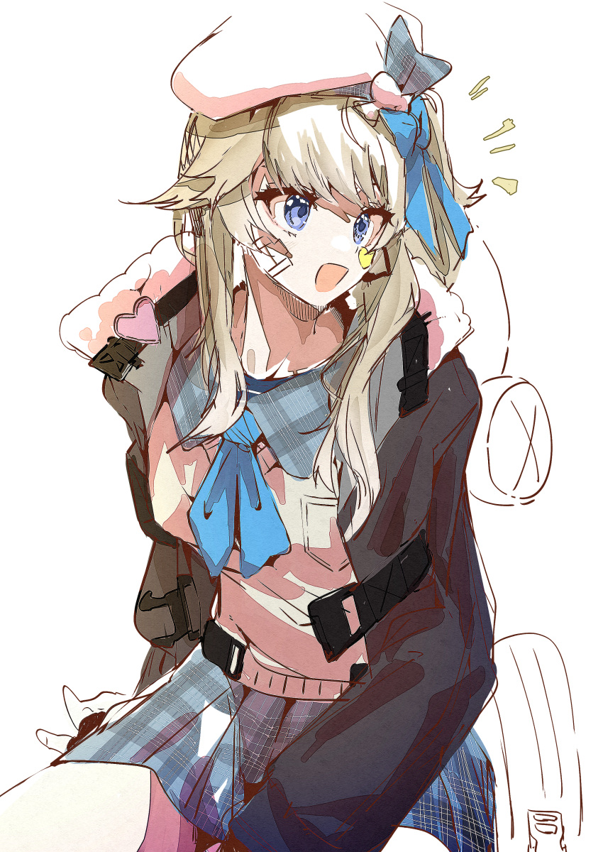 :d absurdres blue_bow blue_bowtie blue_eyes blue_skirt bow bowtie brown_jacket e_sky_rugo facial_mark female girls'_frontline girls'_frontline_2:_exilium grey_hair hairbow hat heart heart_facial_mark highres jacket long_hair long_sleeves miniskirt notice_lines open_clothes open_jacket open_mouth simple_background sitting skirt smile solo sweater_vest vepley_(girls'_frontline_2) white_background white_hat