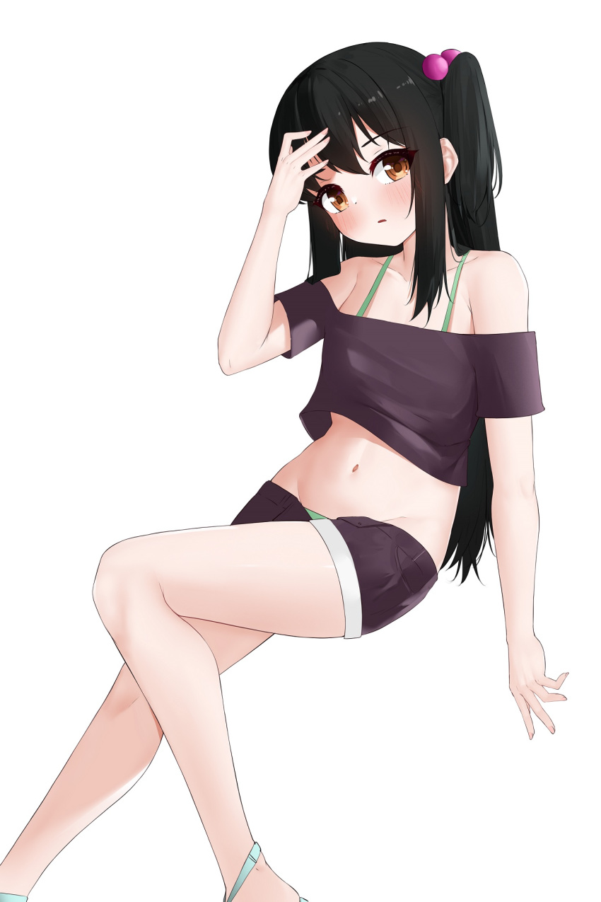 adachi_tenka bare_legs bare_shoulders black_hair black_shirt black_shorts blush bra_strap brown_eyes crop_top feet_out_of_frame female groin hair_bobbles hair_ornament hand_up highres long_hair looking_at_viewer midriff navel off-shoulder_shirt off_shoulder shirt short_shorts short_sleeves shorts shoujo_ramune sidelocks simple_background solo stomach thighs two_side_up very_long_hair white_background zerotwenty_(020)