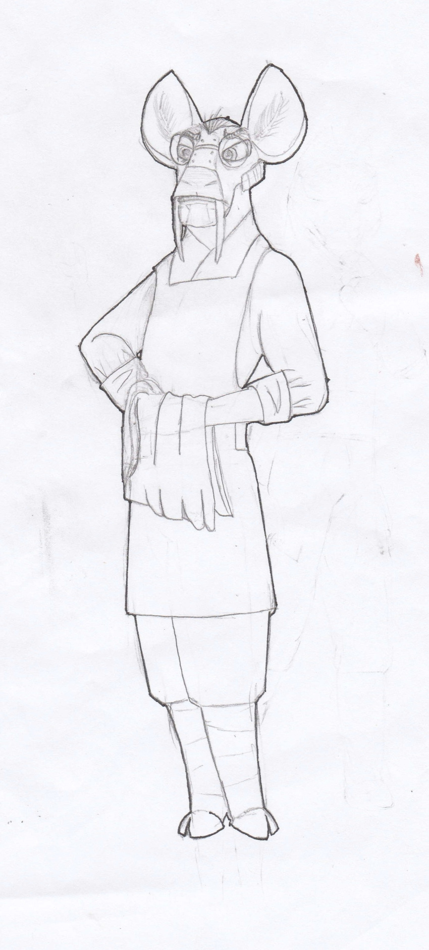 absurd_res anthro apron clothed clothing deer dreamworks eyewear fan_character frown glasses graphite_(artwork) hands_covered hi_res kung_fu_panda male mammal pencil_(artwork) puttee rolled_up_sleeves scowl solo towel traditional_media_(artwork) unclesam1976 water_deer