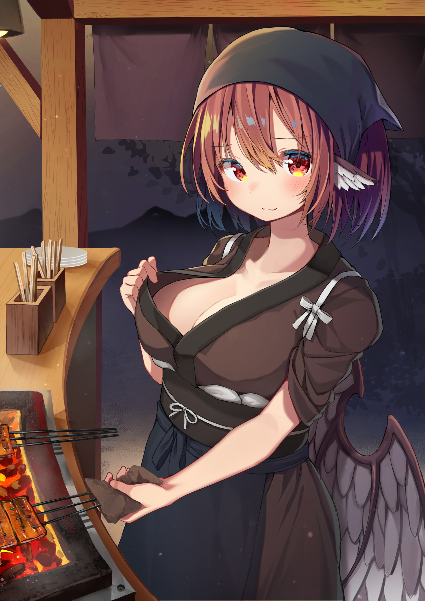 :3 absurdres animal_ears apron bird_ears bird_wings blue_apron blue_scarf breasts brown_kimono chopsticks commentary_request cowboy_shot feathered_wings female fish_(food) food food_stand grill grilled_eel head_scarf highres holding holding_food japanese_clothes kimono large_breasts long_sleeves mamemochi mystia_lorelei night obi okamisty pink_hair red_eyes sash scarf short_hair tasuki touhou white_wings wings yatai