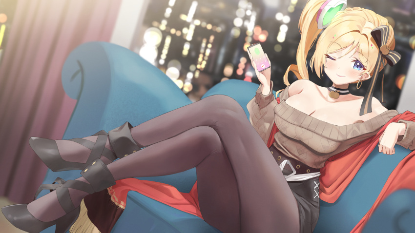 aki_rosenthal alternate_costume aran_sweater azur_lane bare_shoulders belfast_(azur_lane) belfast_(azur_lane)_(cosplay) belfast_(shopping_with_the_head_maid)_(azur_lane) black_footwear black_pantyhose black_skirt blonde_hair blush breasts brown_sweater cable_knit cellphone choker cleavage closed_mouth colored_skin commentary cosplay couch crossed_legs detached_hair earrings female hair_ribbon high_heels highres holding holding_phone hololive hoop_earrings indoors jewelry large_breasts legs long_hair looking_at_viewer off-shoulder_sweater off_shoulder one_eye_closed pantyhose parted_bangs pencil_skirt phone purple_eyes red_shawl ribbon shawl short_hair side_ponytail simple_background sitting skirt smartphone solo sweater twin_(tt_lsh) virtual_youtuber