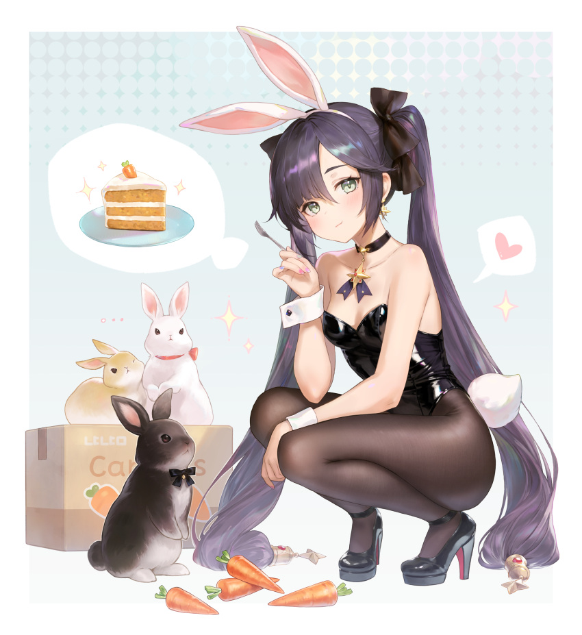 absurdres adelie_cat alternate_costume animal_ears bare_arms bare_shoulders black_choker black_footwear black_hair black_leotard black_pantyhose blue_background border box breasts brooch cake cake_slice carrot choker cleavage closed_mouth commentary earrings fake_animal_ears fake_tail female food fork full_body genshin_impact green_eyes hairband hand_up heart high_heels highleg highleg_leotard highres holding holding_fork jewelry leotard long_hair low_twintails mona_(genshin_impact) multicolored_nails nail_polish pantyhose playboy_bunny ponytail_holder rabbit rabbit_ears sidelocks small_breasts solo spoken_heart squatting star_(symbol) star_earrings strapless strapless_leotard swept_bangs tail thighs twintails very_long_hair white_border white_hairband white_wrist_cuffs wrist_cuffs