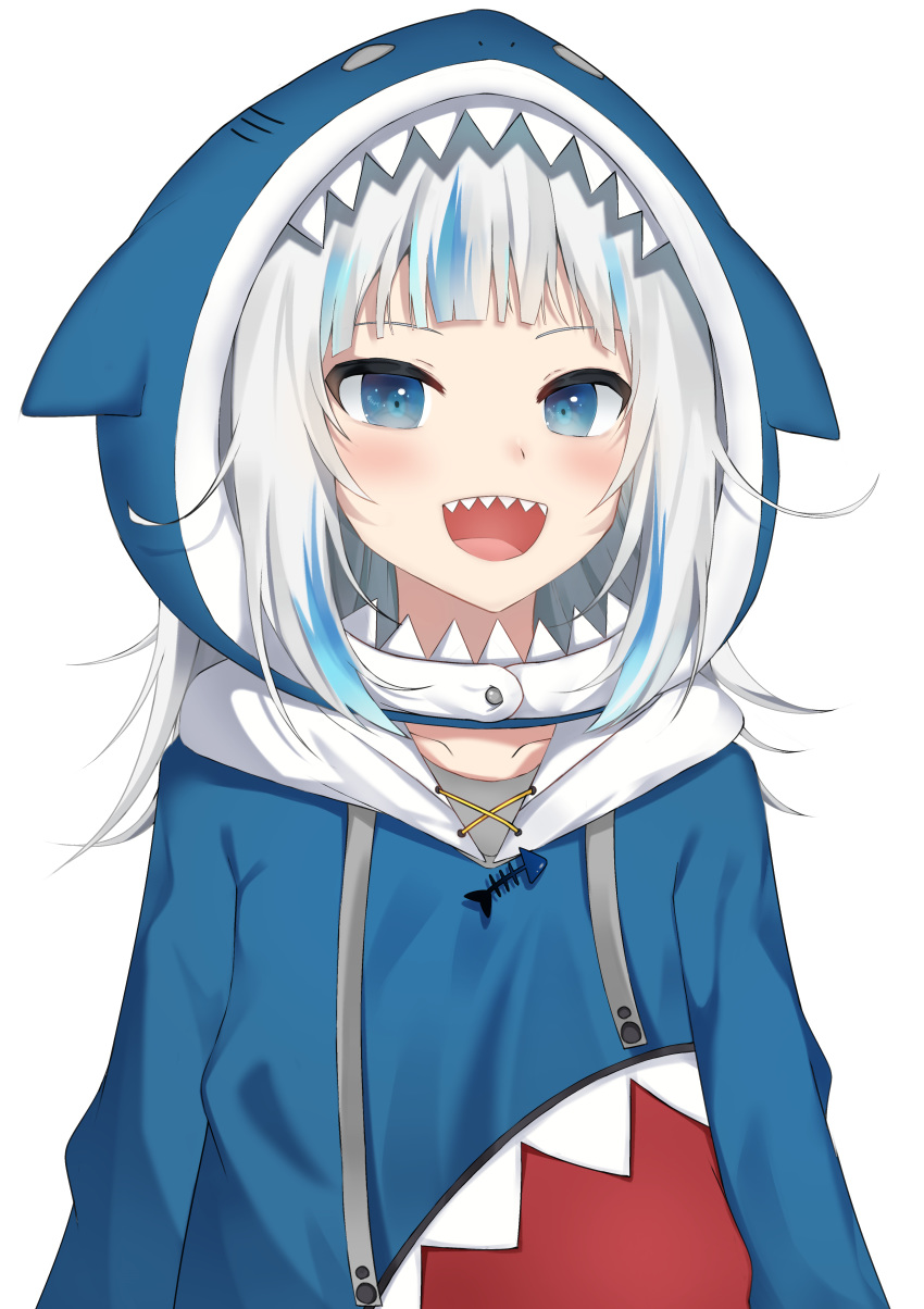 :d absurdres animal_hood atora bad_id bad_pixiv_id blue_eyes blue_hair blunt_bangs blush collarbone commentary female fish gawr_gura gawr_gura_(1st_costume) grey_hair highres hololive hololive_english hood hood_up hoodie long_hair long_sleeves looking_at_viewer multicolored_hair open_mouth shark_hood sharp_teeth simple_background smile solo streaked_hair teeth upper_body upper_teeth_only virtual_youtuber white_background