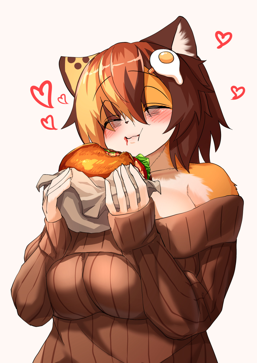 2022 absurd_res anthro big_breasts blush breasts burger calico_cat closed_eyes clothed clothing detailed detailed_food digital_media_(artwork) domestic_cat eating felid feline felis female female_anthro food fur hair heart_symbol hi_res holding_burger holding_food holding_object huge_breasts kagarimachi_ame kemono mammal multicolored_body multicolored_fur multicolored_hair nekotsuki_kohime shoulderless_shirt shoulderless_sweater solo sweater topwear