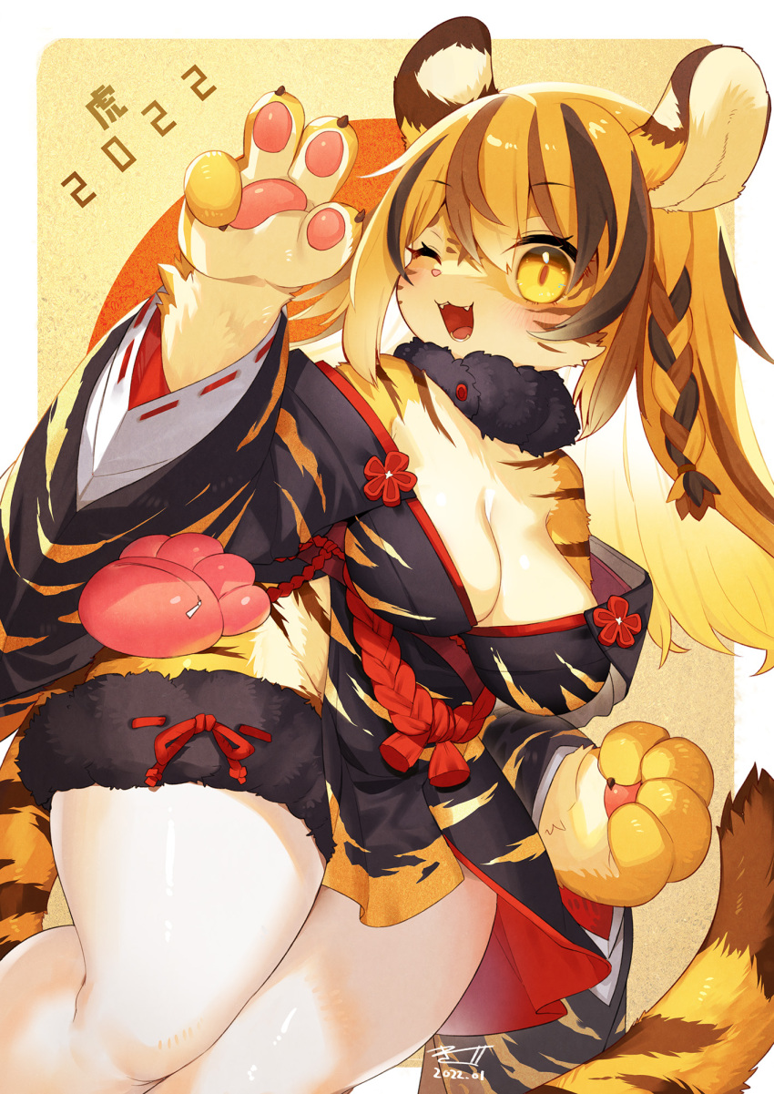 2022 4_fingers anthro asian_clothing big_breasts blush braided_hair breasts brown_body brown_fur brown_hair chinese_zodiac claws cleavage clothed clothing curvy_figure cute_fangs dated digital_media_(artwork) east_asian_clothing felid female female_anthro finger_claws fingers fluffy fur gesture hair hand_gesture happy hi_res holidays japanese_clothing japanese_description japanese_text kemono kishibe legwear long_hair mammal markings multicolored_body multicolored_ears multicolored_fur multicolored_hair multicolored_tail new_year new_year_2022 one_eye_closed open_mouth open_smile orange_body orange_fur orange_hair pantherine pawpads paws pink_nose signature smile smiling_at_viewer solo tail text thick_thighs thigh_highs tiger tongue translated_description translation_request v_sign voluptuous white_body white_fur wide_hips wink year_of_the_tiger yellow_eyes