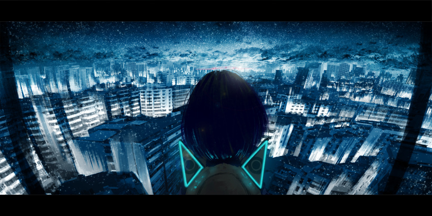 black_hair bob_cut building chocoshi city city_lights cityscape cloud cloudy_sky commentary facing_away female from_behind head highres letterboxed neon_lights night night_sky original scenery short_hair sky skyline solo star_(sky) starry_sky