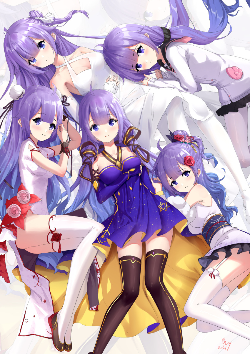 5girls absurdres ahoge arm_under_breasts azur_lane bare_shoulders bed_sheet black_footwear black_ribbon black_scrunchie black_thighhighs blue_dress blue_gloves blue_hair blunt_bangs bly-yuan breasts center-flap_bangs china_dress chinese_clothes cleavage collarbone commentary cosplay criss-cross_halter detached_sleeves dress dress_flower elbow_gloves eyes_visible_through_hair fingerless_gloves flats flower garter_straps gloves gradient_hair hair_between_eyes hair_flower hair_ornament hair_ribbon hair_scrunchie hair_tubes halter_dress halterneck hand_on_own_stomach high-low_skirt highres legs_together lolita_fashion long_hair long_sleeves looking_at_viewer low_twintails lying multicolored_hair multiple_girls multiple_persona obi official_alternate_costume on_back on_side one_side_up pantyhose pink_flower plantar_flexion ponytail purple_dress purple_eyes purple_hair red_flower red_rose ribbon rose sash scrunchie short_sleeves sidelocks smile thighhighs tress_ribbon twintails two-sided_dress two-sided_fabric unicorn_(azur_lane) unicorn_(little_star_songstress)_(azur_lane) unicorn_(long-awaited_date)_(azur_lane) unicorn_(prayer_of_plum_and_snow)_(azur_lane) unicorn_(the_gift_of_spring)_(azur_lane) very_long_hair vocaloid wa_lolita white_dress white_pantyhose white_thighhighs xingchen xingchen_(cosplay) yellow_dress zettai_ryouiki