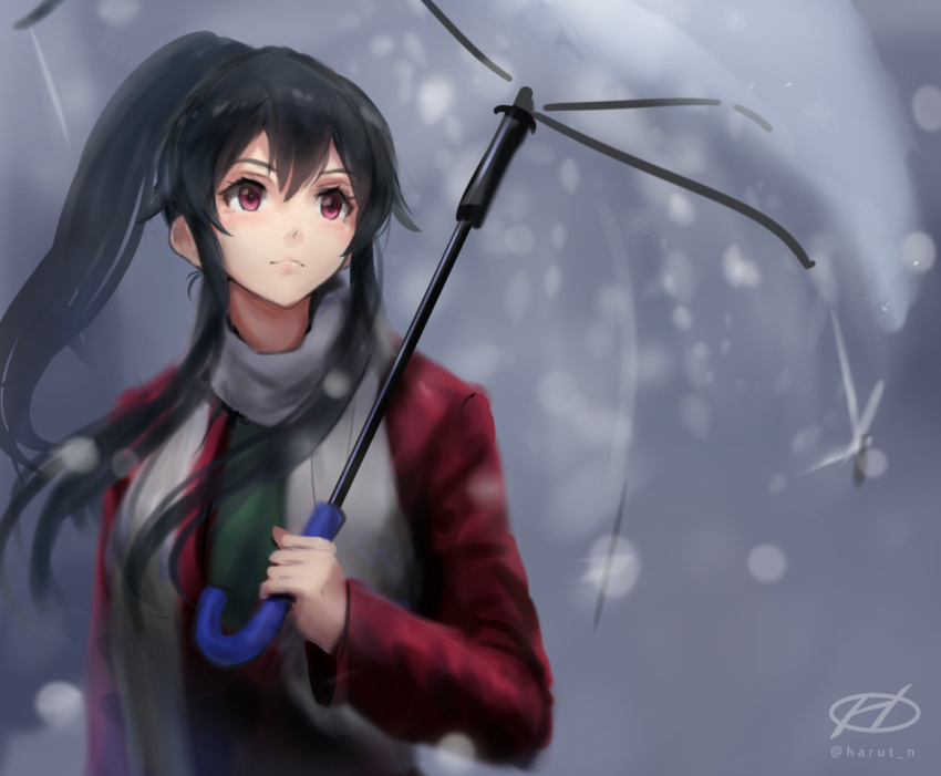 alternate_costume black_hair coat female haruto_(harut_n) holding holding_umbrella kantai_collection long_hair long_sleeves ponytail red_coat red_eyes scarf sidelocks snow solo umbrella upper_body white_scarf winter yahagi_(kancolle)