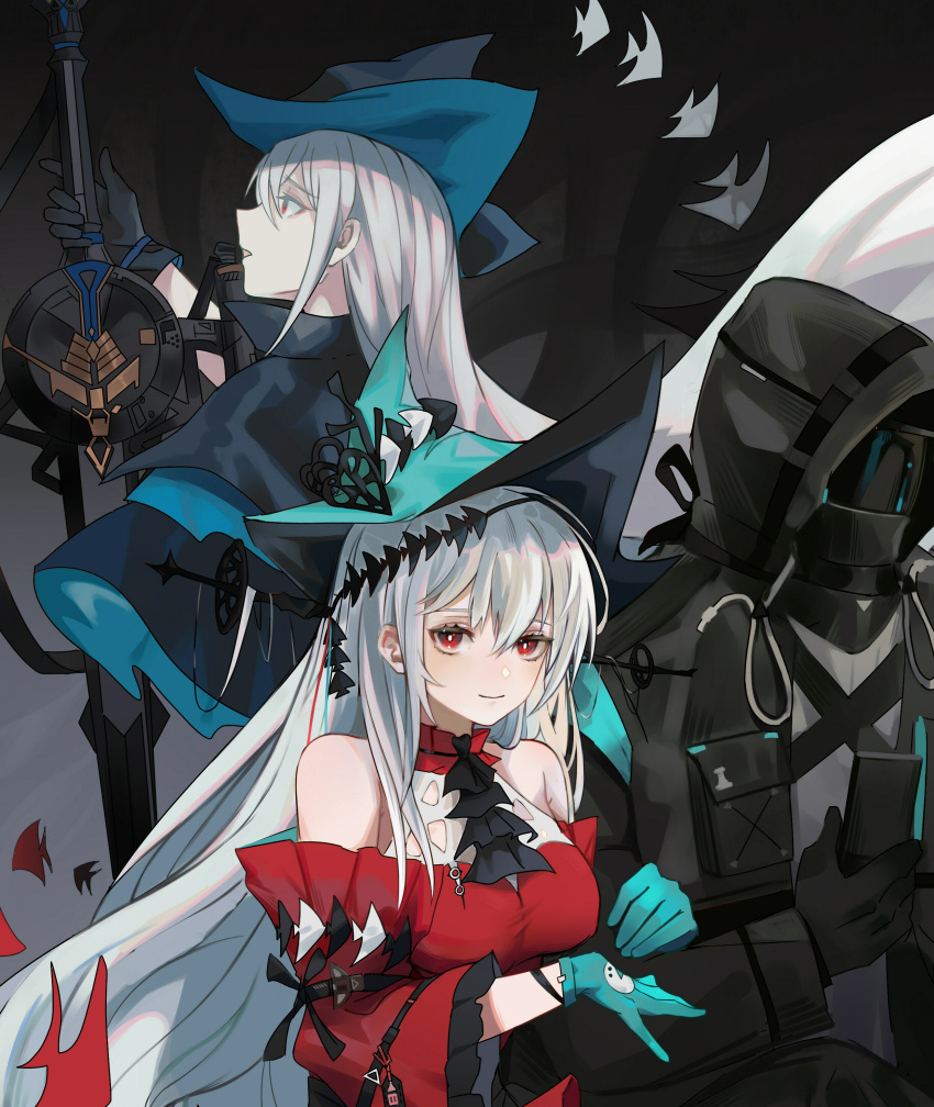 1other 2girls absurdres arknights bad_id bad_lofter_id bare_shoulders black_gloves black_headwear black_jacket blue_headwear breasts detached_sleeves doctor_(arknights) doufujintianxianle dress dual_persona from_side gloves highres hood hooded_jacket jacket long_hair long_sleeves medium_breasts multiple_girls official_alternate_costume profile red_dress red_eyes skadi_(arknights) skadi_the_corrupting_heart_(arknights) sword upper_body very_long_hair weapon white_hair wide_sleeves