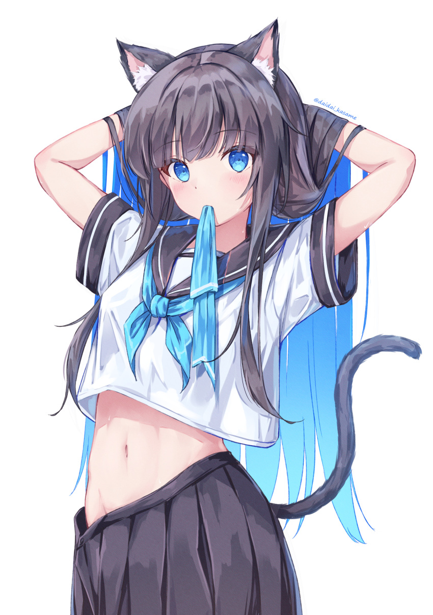 absurdres animal_ear_fluff animal_ears arms_behind_head arms_up black_hair black_sailor_collar black_tail blue_eyes blue_hair blue_neckerchief blue_skirt blush cat_ears cat_girl cat_tail colored_inner_hair commentary cowboy_shot daidai_(daidai826) female groin hair_flowing_over highres long_hair looking_at_viewer loose_skirt midriff mouth_hold multicolored_hair navel neckerchief no_panties original pleated_skirt sailor_collar school_uniform serafuku shirt short_sleeves simple_background skirt solo standing tail tail_raised twitter_username two-tone_hair very_long_hair white_background white_shirt