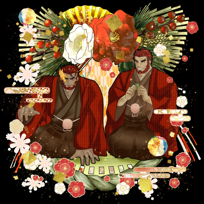 2boys ^v^ absurdres bad_id bad_twitter_id ball bara beard brown_hakama brown_kimono commentary dark-skinned_male dark_skin egasumi eyebrow_cut facial_hair flaming_eye flower hakama hanafuda haori haori_himo hephaestus_(housamo) highres itaru_(kidomh63) japanese_clothes kimono looking_at_viewer male_focus mature_male multiple_boys muscular muscular_male open_mouth red_eyes red_hair scar shimekazari short_hair sideburns smile talos_(housamo) temari_ball thick_eyebrows tokyo_afterschool_summoners