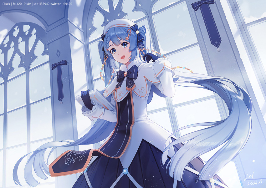 :d beret blue_bow blue_eyes blue_gloves blue_hair blue_skirt blue_tabard book bow capelet chinese_commentary commentary_request dress female fen_renlei frilled_sleeves frills gloves hairbow hand_up hat hatsune_miku holding holding_book indoors long_hair long_sleeves looking_at_viewer open_mouth pixiv_id pleated_skirt plurk_username skirt smile solo tabard teeth twintails twitter_username upper_teeth_only very_long_hair vocaloid white_capelet white_dress white_hat window yuki_miku yuki_miku_(2021)