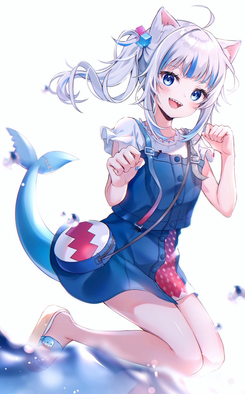 amaki_ruto animal_ears blue_eyes blue_hair cat_ears female fins fish_tail gawr_gura gawr_gura_(casual) grey_hair highres hololive hololive_english looking_at_viewer multicolored_hair official_alternate_costume open_mouth shark_girl shark_tail sharp_teeth smile solo streaked_hair tail teeth virtual_youtuber