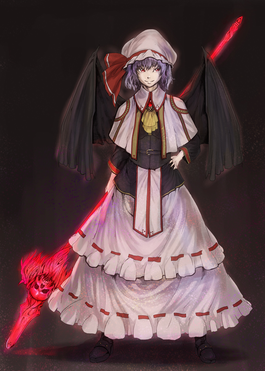 ascot aura bat_wings baten_(gei-vorugu) belt black_background blue_hair boots capelet commentary_request dress embellished_costume fang_out female full_body gem hand_on_own_hip hat hat_ribbon highres layered_skirt legs_apart long_dress looking_away mob_cap oerba_yun_fang purple_hair red_eyes red_gemstone remilia_scarlet ribbon short_hair skirt skull smile solo spear_the_gungnir standing touhou wings