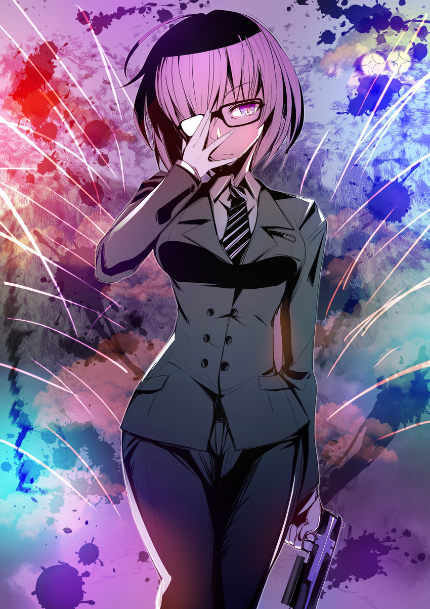 alternate_costume bad_id bad_pixiv_id black-framed_eyewear black_jacket black_pants breasts closed_mouth collared_shirt fate/grand_order fate_(series) female fingernails formal glasses gloves gun handgun head_tilt highres holding holding_gun holding_weapon jacket kingsman:_the_secret_service long_sleeves mash_kyrielight medium_breasts necktie paint_splatter pant_suit pants purple_eyes purple_hair shirt short_hair silly_(marinkomoe) solo suit weapon white_gloves white_shirt