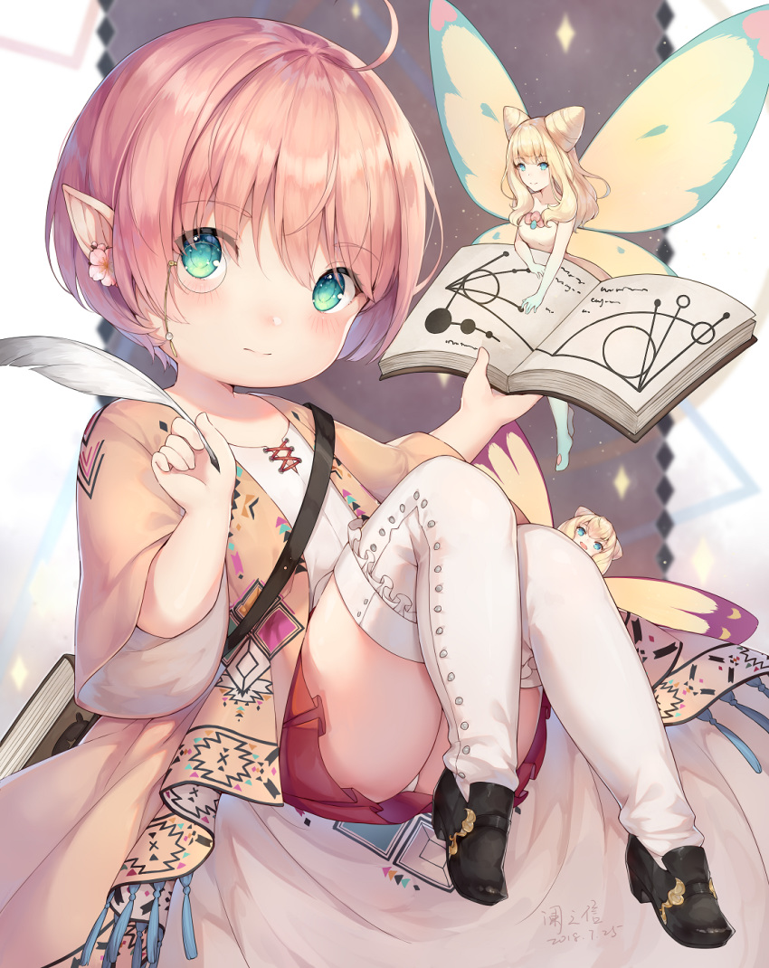 3girls ayuanlv black_footwear blonde_hair blue_eyes book chinese_commentary closed_mouth commentary_request cone_hair_bun dated earrings eos_(ff14) eyes_visible_through_hair fairy fairy_wings final_fantasy final_fantasy_xiv flower flower_earrings hair_bun highres holding holding_book jewelry lalafell long_hair mini_person minigirl miniskirt monocle multiple_girls open_book panties pantyshot partial_commentary pink_flower pink_hair pointy_ears quill red_skirt selene_(ff14) shoes skirt sleeves_past_elbows thighhighs thighs underwear warrior_of_light_(ff14) white_legwear white_panties wings yellow_wings