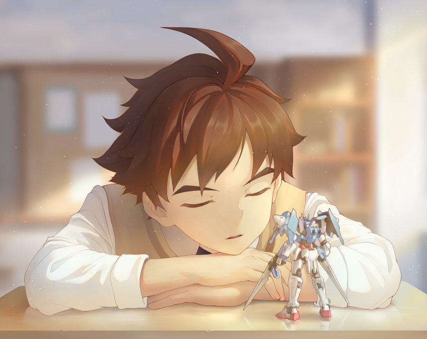 1boy ahoge beitemian blurry brown_hair closed_eyes commentary_request depth_of_field desk gundam gundam_00_diver gundam_build_divers gunpla long_sleeves male_focus mikami_riku model_kit necktie parted_lips photoshop_(medium) school_desk school_uniform sleeping solo vest