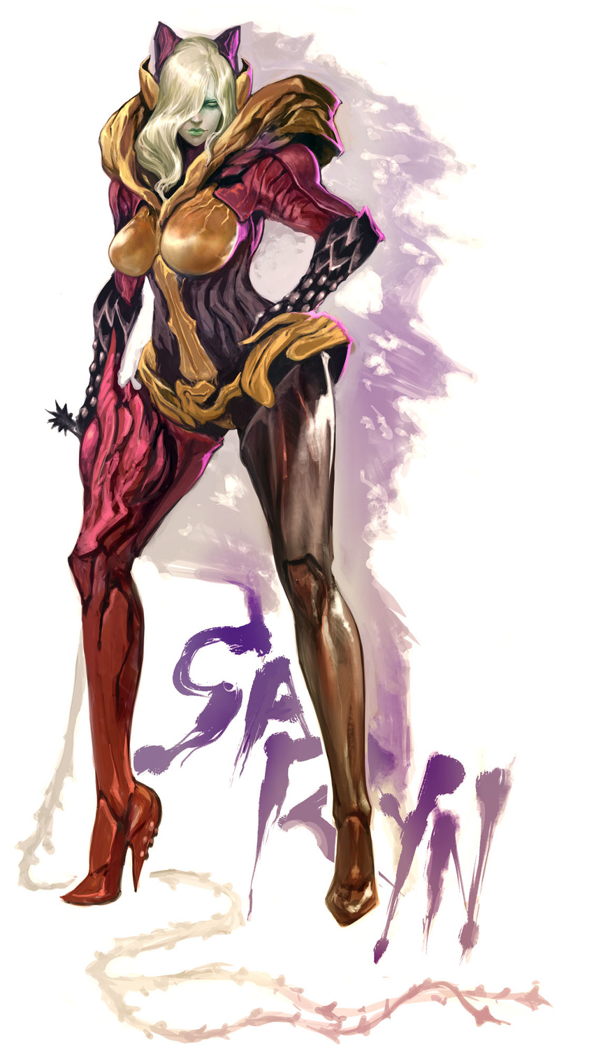 blonde_hair bodysuit breasts commentary female green_lips hair_over_one_eye hand_on_own_hip high_heels highres holding holding_weapon holding_whip ikeda_masateru large_breasts light_smile lipstick long_hair makeup melee_weapon_(warframe) photoshop_(medium) saryn_(warframe) shadow shoes solo stiletto_heels vine_whip warframe weapon whip yellow_eyes