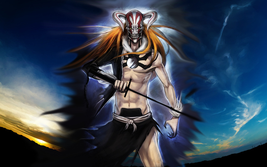 1680x1050 background bleach claws hollow horns kurosaki_ichigo long_hair male mask orange_hair skull sword torn_clothes vizard wallpaper white_skin