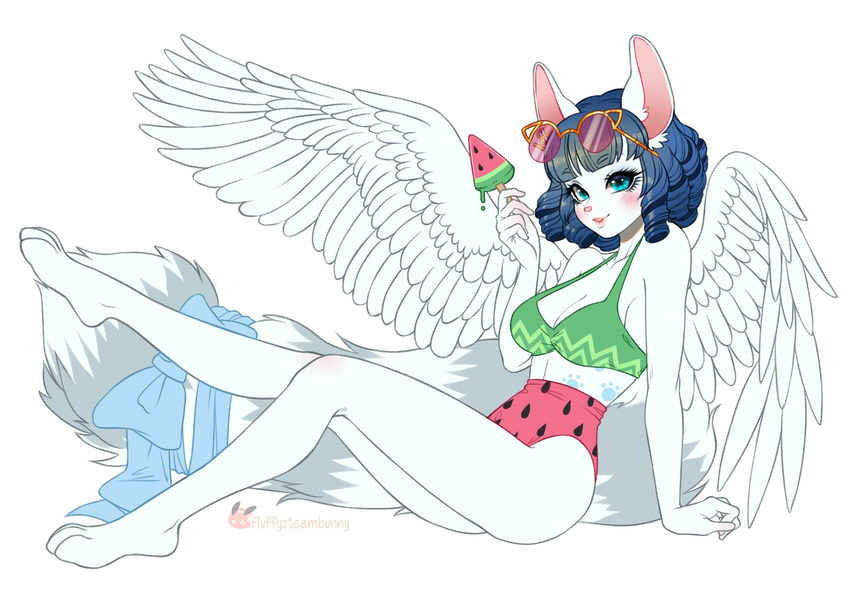 absurd_res anthro bikini biped canid canine clothed clothing feathered_wings feathers female fluffysteambunny hi_res looking_at_viewer mammal open_mouth sitting smile solo swimwear wings