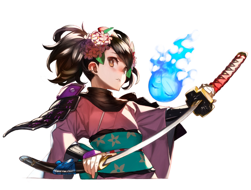 92m black_hair brown_eyes commentary_request female floral_print flower hair_flower hair_ornament hitodama holding holding_sword holding_weapon japanese_clothes left-handed looking_at_viewer momohime momohime_(hitodama) oboro_muramasa possessed sheath short_hair simple_background solo sword twintails unsheathing weapon