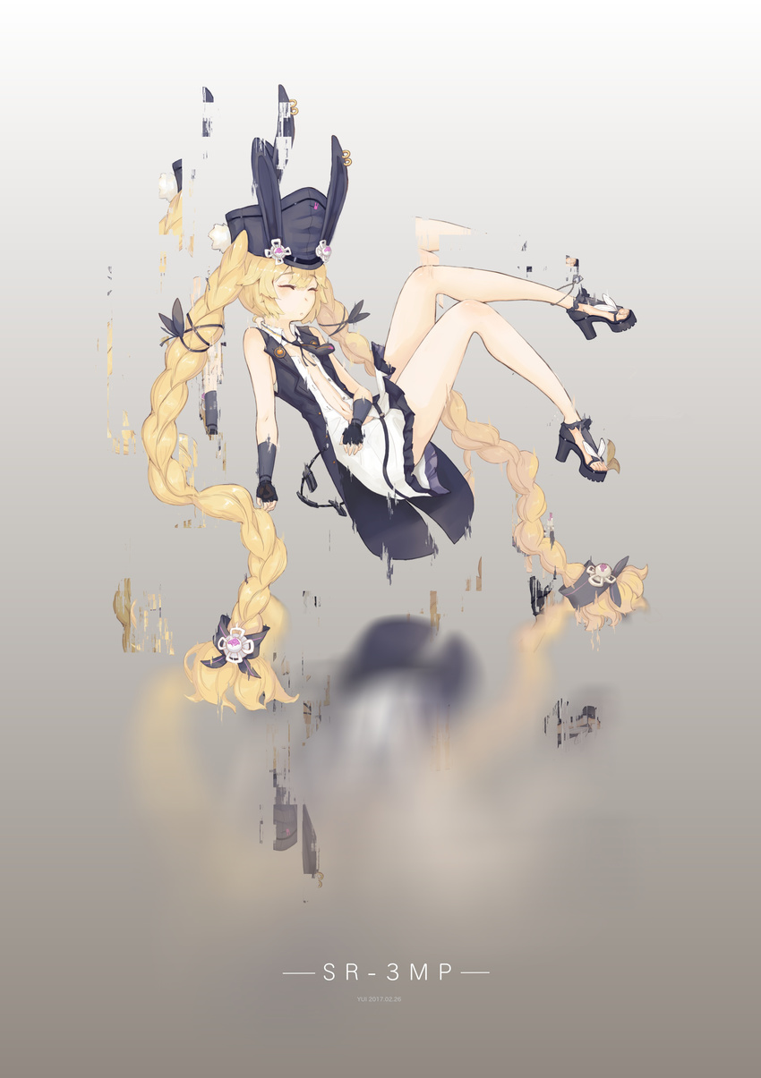 absurdres ammunition_pouch animal_ears anklet artist_name black_necktie blonde_hair blue_coat blush braid breasts character_name closed_eyes coat collared_shirt commentary_request dated distortion distortion_world dog_tags female fingerless_gloves floating girls'_frontline gloves hair_between_eyes hair_ribbon hat high_heels highres jewelry long_hair magazine_(weapon) navel necktie no_bra open_clothes pleated_skirt pouch rabbit_ears reflection ribbon shirt sidelocks skirt sleeveless sleeveless_coat sleeveless_shirt small_breasts solo sr-3mp_(girls'_frontline) strap thighs twin_braids twintails unbuttoned unbuttoned_shirt underwear very_long_hair white_shirt yui_(92935941)