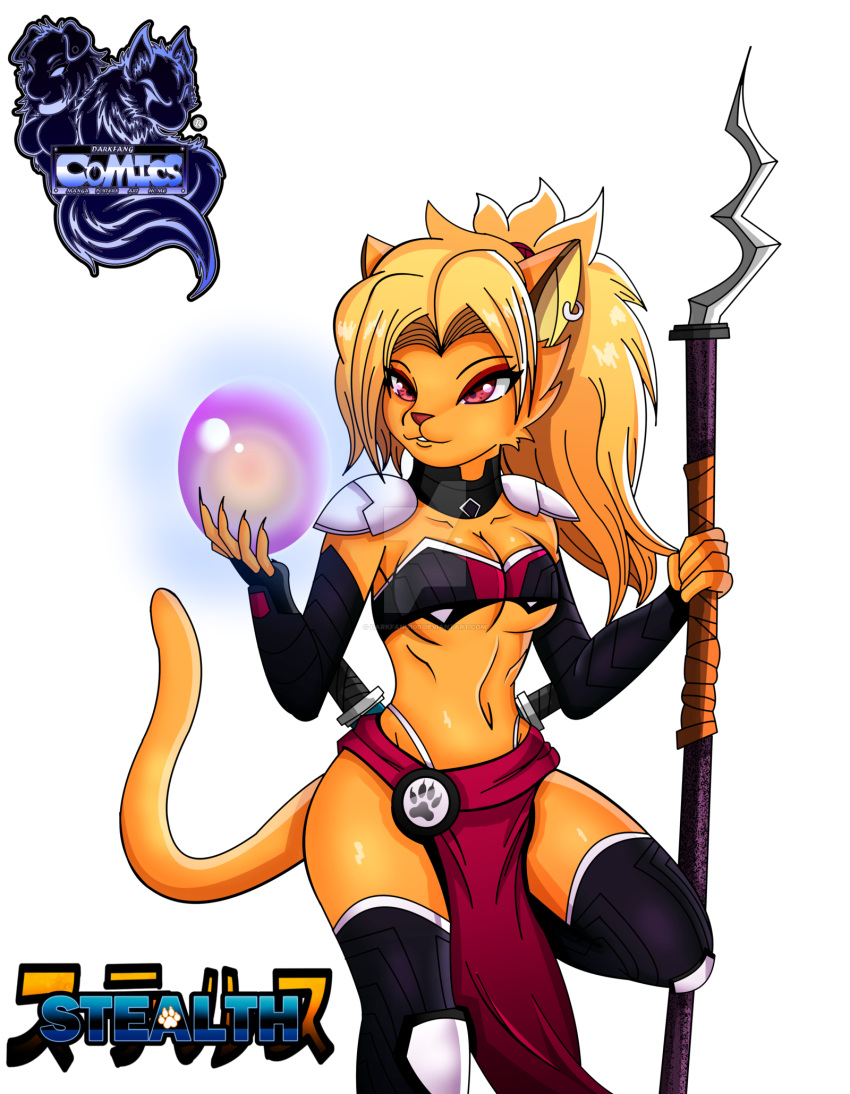 alpha_channel anthro bottomwear breasts clothed clothing crystal_ball dagger darkfang100 darkfangcomics domestic_cat ear_piercing felid feline felis female fur hair hi_res holding_object holding_weapon legwear loincloth mammal melee_weapon orange_body orange_fur orange_hair panties piercing pink_eyes ponytail princess_corenna_schievella redesigned royalty skimpy sleeves solo staff stealth_the_series thigh_highs underwear weapon