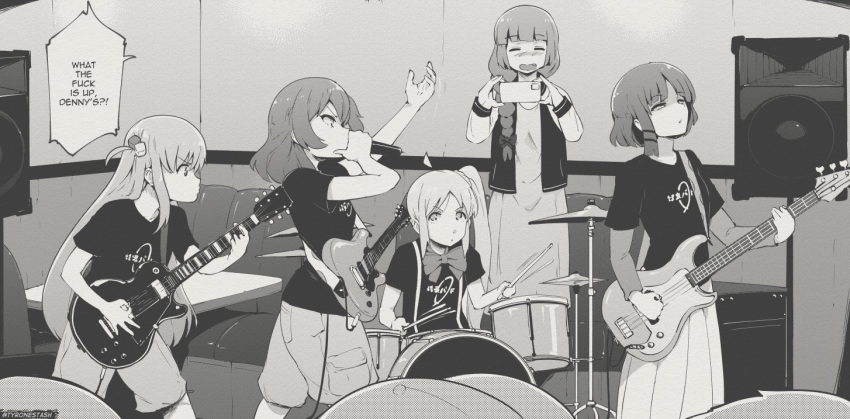 5girls band bass_guitar black_shirt bocchi_the_rock! booth_seating cube_hair_ornament denny's dress drum drum_set electric_guitar english_text fender_precision_bass gibson_les_paul gotoh_hitori guitar hair_ornament hiroi_kikuri holding holding_phone ijichi_nijika indoors instrument kita_ikuyo meme microphone multiple_girls music phone playing_instrument profanity restaurant screentones shirt speech_bubble tyrone yamada_ryo