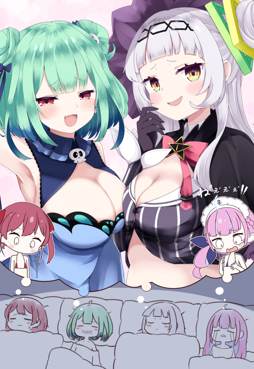 4girls absurdres alternate_breast_size anchor_symbol animal_print armpits bikini bikini_top_only black_capelet black_gloves blue_bikini blue_dress blue_hair blunt_bangs blush bow bowtie braid breast_press breast_size_switch breasts brooch butterfly_print capelet chibi cleavage closed_eyes cocozasa commentary_request crop_top cropped_shirt crying detached_collar double_bun dreaming dress drooling english_commentary gloves gradient_hair green_hair grey_shirt hair_bun hair_ornament hair_ribbon hairband hairbow half_updo hexagram_hair_ornament highres hololive houshou_marine jewelry large_breasts long_hair long_sleeves looking_at_viewer maid_headdress medium_breasts midriff minato_aqua mixed-language_commentary multicolored_hair multiple_girls murasaki_shion murasaki_shion_(1st_costume) oerba_yun_fang pink_background pink_bow pink_bowtie pink_hair pinstripe_pattern pinstripe_shirt red_bikini red_eyes red_hair ribbon shirt short_eyebrows short_hair sidelocks single_side_bun skull_hair_ornament smile smug star_(symbol) strapless strapless_dress striped_clothes striped_shirt sweatdrop swimsuit symmetrical_docking tilted_headwear translated twintails uruha_rushia uruha_rushia_(1st_costume) vertical-striped_clothes vertical-striped_shirt virtual_youtuber white_hair yellow_eyes