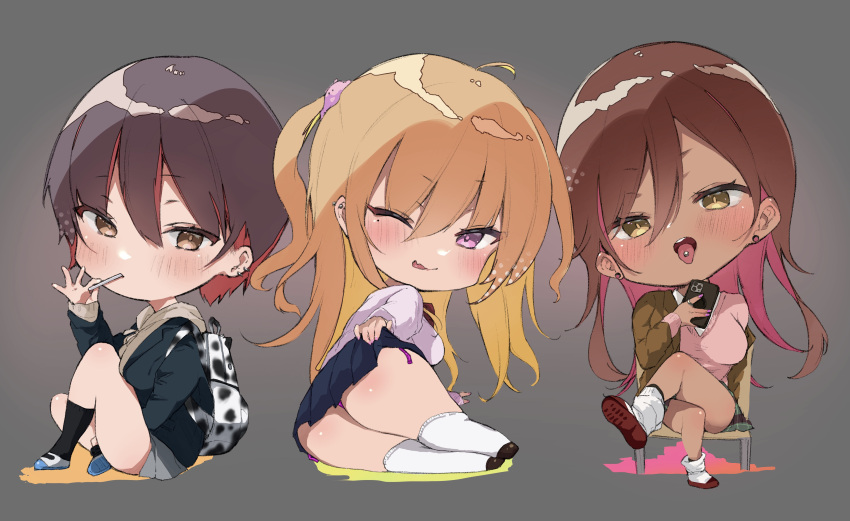 3girls absurdres ass biting_tongue blonde_hair blush breasts brown_hair chibi crossed_legs dark_skin gyaru highres kogal large_breasts long_hair looking_at_viewer loose_socks multiple_girls naughty_face open_mouth original piercing red_hair school_uniform short_hair sitting socks thighs tongue_piercing two_side_up yamakonbu