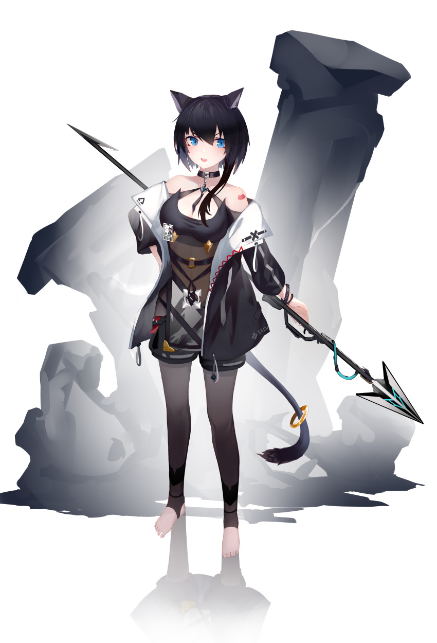 .l.l :d absurdres animal_ear_fluff animal_ears bare_shoulders black_hair black_jacket black_pantyhose black_shorts breasts cat_ears cat_girl cat_tail cleavage cleavage_cutout clothing_cutout collarbone commentary_request eyebrows_hidden_by_hair female full_body hair_between_eyes hand_on_own_hip highres holding holding_polearm holding_weapon jacket long_hair long_sleeves md5_mismatch medium_breasts no_shoes off_shoulder one_side_up open_mouth original pantyhose polearm puffy_long_sleeves puffy_sleeves reflection short_shorts shorts smile solo spear standing stirrup_legwear tail teeth toeless_legwear upper_teeth_only v-shaped_eyebrows weapon white_background