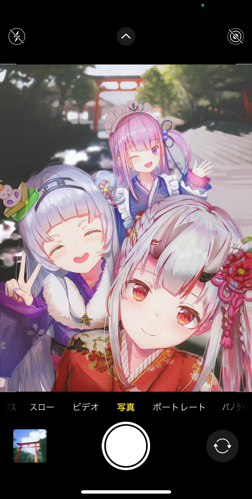 3girls absurdres alternate_hairstyle altmiact blurry blurry_background blush closed_eyes commentary_request flower grey_hair hair_flower hair_ornament highres hololive horns japanese_clothes kimono long_hair maid_headdress minato_aqua minato_aqua_(new_year) multiple_girls murasaki_shion murasaki_shion_(new_year) nakiri_ayame nakiri_ayame_(new_year) official_alternate_costume one_eye_closed open_mouth photo_background red_eyes skin-covered_horns smile torii v virtual_youtuber