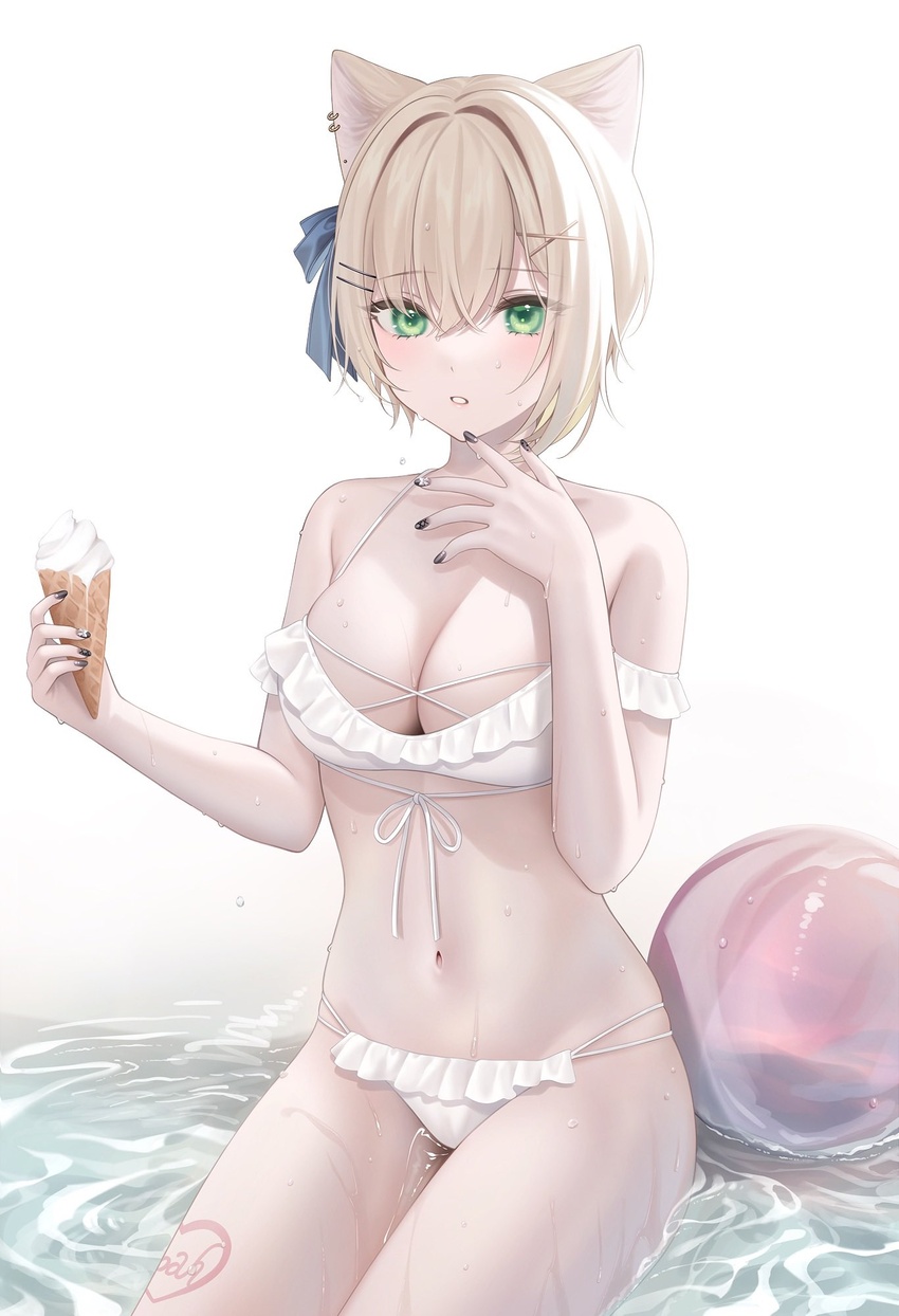 animal_ears ball beachball bikini black_nails blonde_hair blue_ribbon body_writing breasts cat_ears cat_girl cat_tail female food frilled_bikini frills green_eyes hair_ornament hair_ribbon hairclip highres holding holding_food ice_cream ice_cream_cone kurumi_noah medium_breasts melting multi-strapped_bikini navel parted_lips partially_submerged pomelunch ribbon sitting stomach string_bikini swimsuit tail thighs virtual_youtuber vspo! water wet white_background white_bikini x_hair_ornament