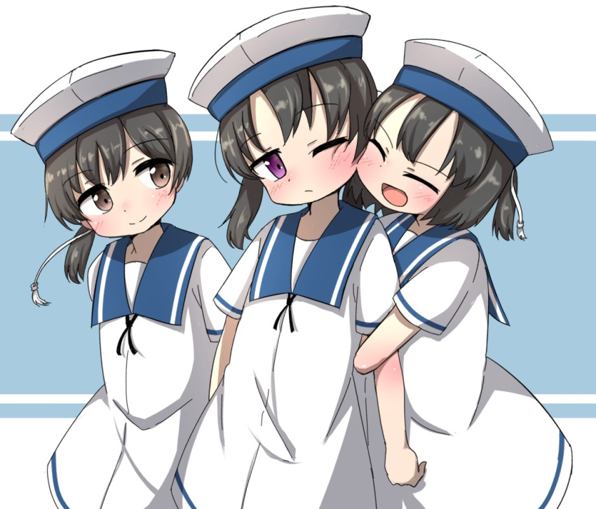 3girls black_hair blush brown_eyes closed_eyes closed_mouth daitou_(kancolle) dress hat hiburi_(kancolle) kantai_collection low_ponytail multiple_girls open_mouth purple_eyes rakuto89 sailor_dress sailor_hat short_hair short_sleeves shounan_(kancolle) smile twintails upper_body white_dress white_headwear