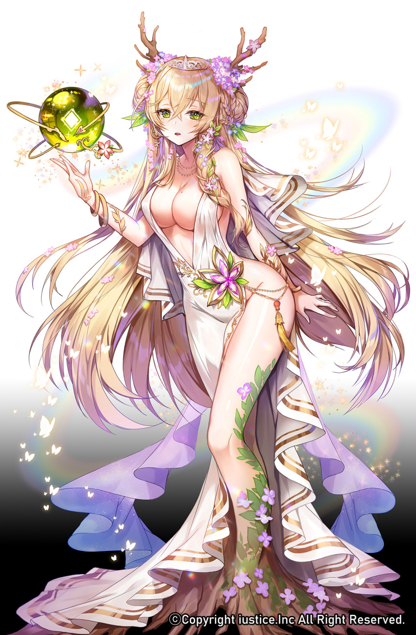 antlers apple_caramel blonde_hair bracelet braid braided_bun breasts cleavage double_bun female flower full_body green_eyes hair_between_eyes hair_bun hair_flower hair_ornament highres horns jewelry necklace official_art orb photoshop_(medium) plant_roots solidus solo standing tassel tiara watermark