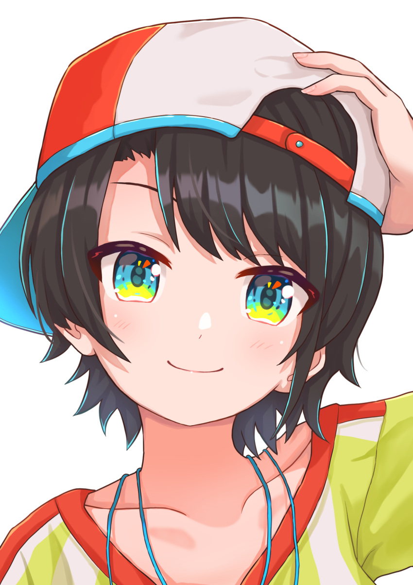 aqua_eyes backwards_hat baseball_cap blush brown_hair close-up closed_mouth collarbone commentary female hand_on_headwear hat highres hololive looking_at_viewer oozora_subaru oozora_subaru_(1st_costume) portrait red_hat shirt short_hair simoumi_217 simple_background smile solo striped_clothes striped_shirt swept_bangs t-shirt two-tone_headwear vertical-striped_clothes vertical-striped_shirt virtual_youtuber white_background white_hat white_shirt yellow_shirt