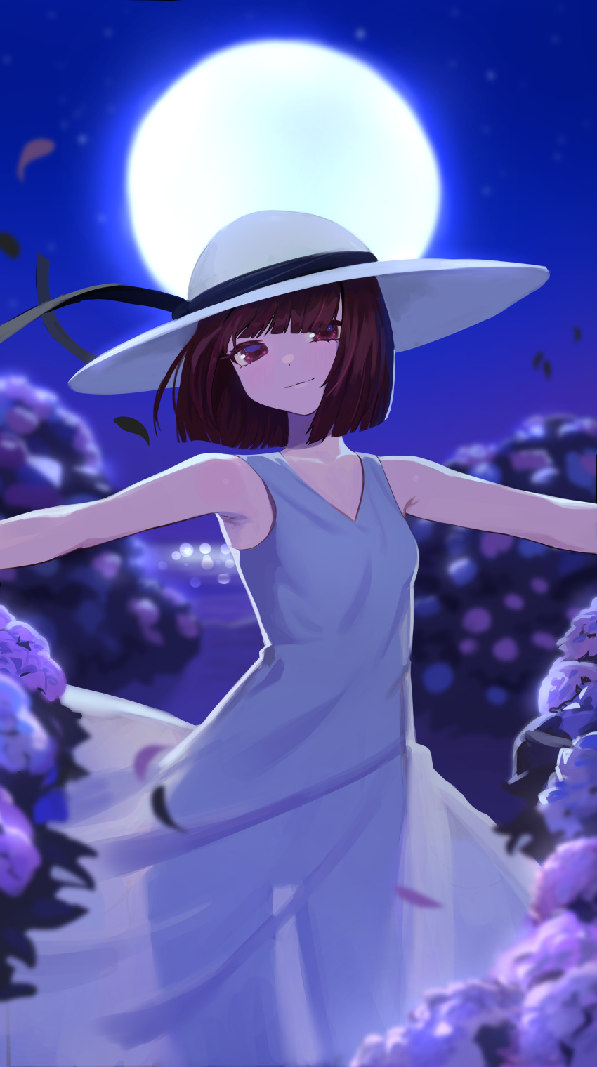 absurdres arima_kana blunt_bangs blunt_ends blush breasts cokeanut10 collarbone commentary dress falling_petals female full_moon head_tilt highres huge_moon light_smile looking_at_viewer moon night night_sky oshi_no_ko outdoors outstretched_arms petals red_eyes red_hair see-through_silhouette short_hair sky sleeveless sleeveless_dress small_breasts solo white_dress white_headwear