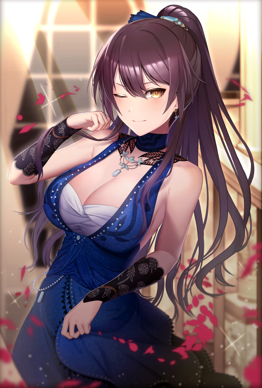 ;) absurdres akimikan_(2.5deciliter) blue_dress blush breasts choker cleavage collarbone dress earrings female hair_between_eyes hair_ornament hand_up high_ponytail highres idolmaster idolmaster_shiny_colors jewelry large_breasts long_hair looking_at_viewer necklace one_eye_closed petals ponytail purple_hair shirase_sakuya smile solo yellow_eyes