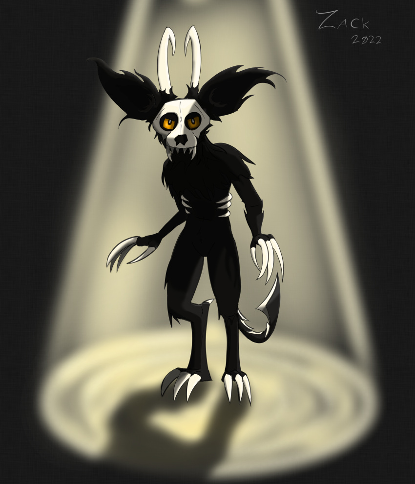 absurd_res anthro black_body black_fur bone claws demon fangs fur hi_res horn male orange_eyes skull solo tail_spines teeth zackerydrawstoo