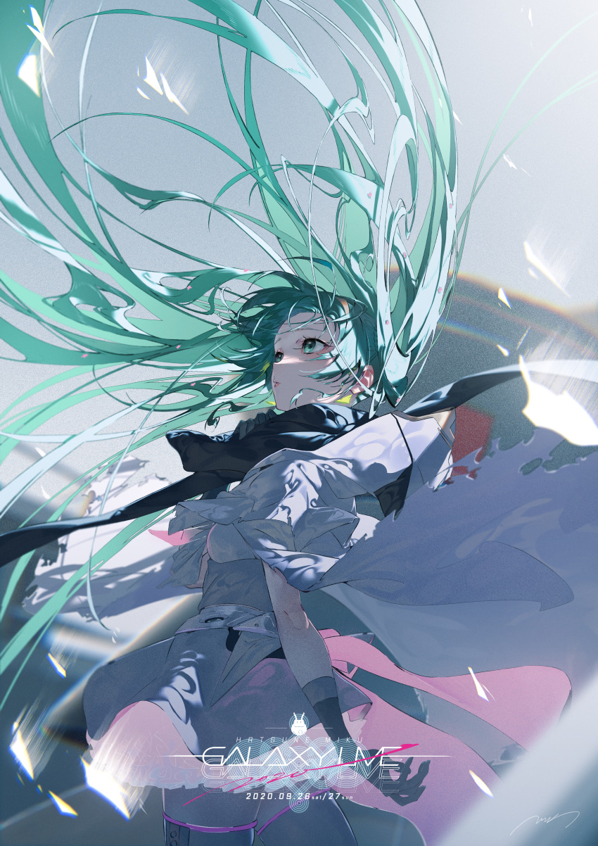 absurdres aqua_eyes aqua_hair belt black_gloves black_scarf black_thighhighs building character_name cloak closed_mouth clothes_grab commentary_request cowboy_shot day dress english_text eyelashes female floating_hair from_side galaxy_live_(vocaloid) gloves green_eyes green_hair hatsune_miku highres hood hood_down hooded_cloak lips lipstick logo long_hair looking_away looking_up makeup motion_blur petticoat photoshop_(medium) rolua scarf sky solo thighhighs torn_cloak torn_clothes very_long_hair vocaloid wind