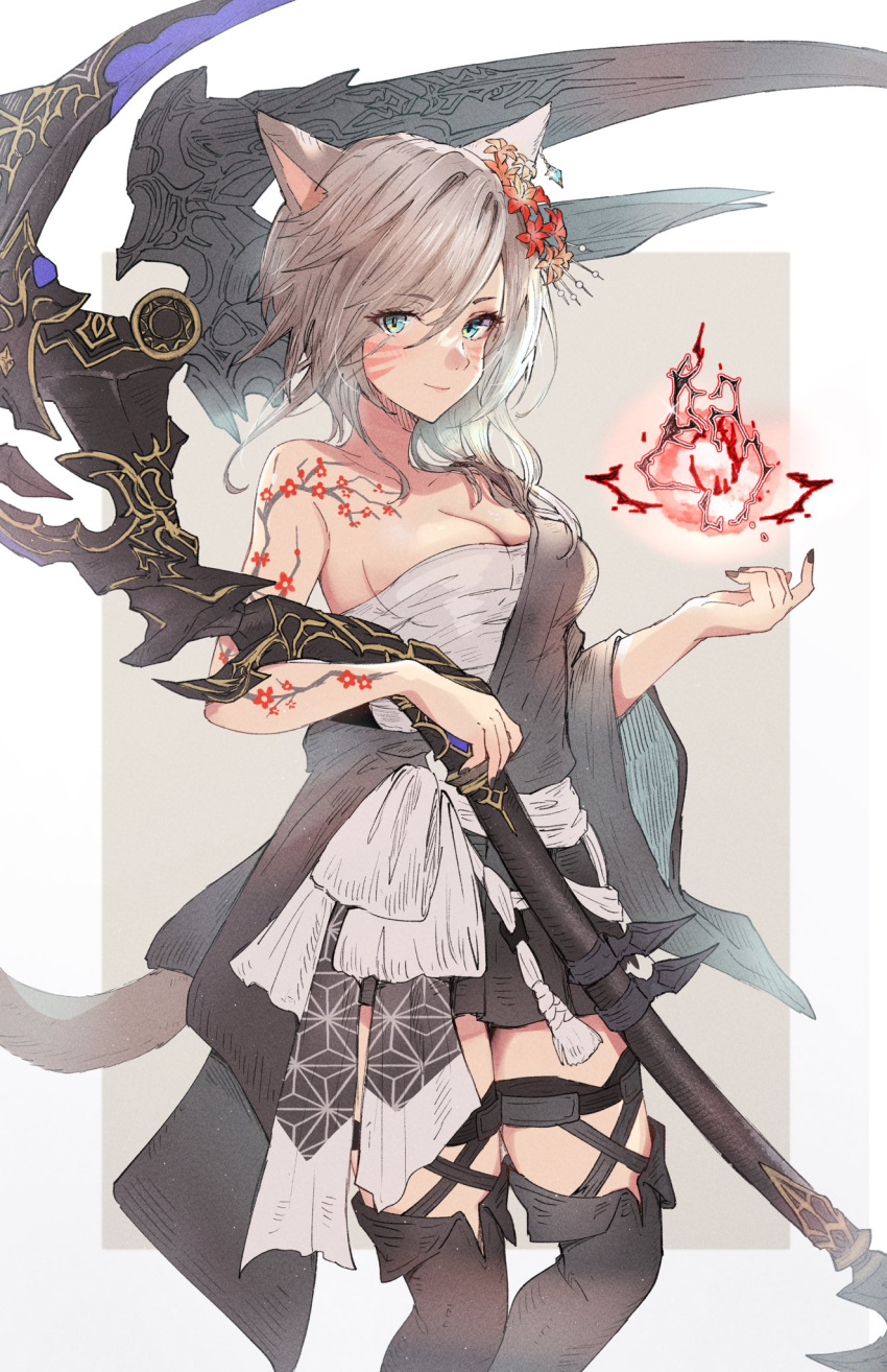 animal_ears arm_tattoo blue_eyes boots breasts cat_ears cat_tail cleavage facial_mark female final_fantasy final_fantasy_xiv flower grey_hair hair_between_eyes hair_flower hair_ornament highres holding holding_scythe long_hair looking_at_viewer medium_breasts miqo'te mokokoiro reaper_(final_fantasy) sarashi scythe solo tail tattoo thigh_boots warrior_of_light_(ff14) whisker_markings