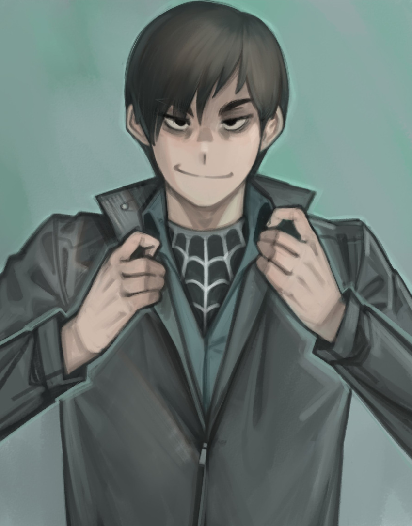 1boy alternate_hairstyle animification black_bodysuit black_eyes black_hair black_jacket bodysuit closed_mouth commentary dark_persona english_commentary evil_smile green_shirt highres jacket kelvin_hiu long_sleeves looking_at_viewer male_focus marvel official_alternate_costume peter_parker shaded_face shirt short_hair silk simple_background smile solo spider-man_(series) spider-man_3 spider_web spider_web_print superhero_costume tobey_maguire transformation upper_body zipper zipper_pull_tab