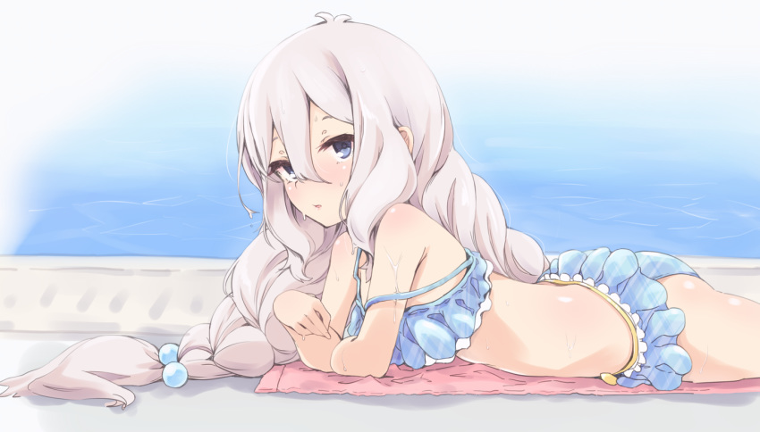 ass bikini blue_bikini blue_eyes braid commentary_request female frilled_bikini frills from_side hair_between_eyes hair_bobbles hair_ornament kohaku_q kokkoro_(princess_connect!) kokkoro_(real)_(princess_connect!) light_blush long_hair looking_to_the_side lying on_stomach parted_lips pool poolside princess_connect! solo strap_slip swimsuit towel twin_braids very_long_hair wet white_hair