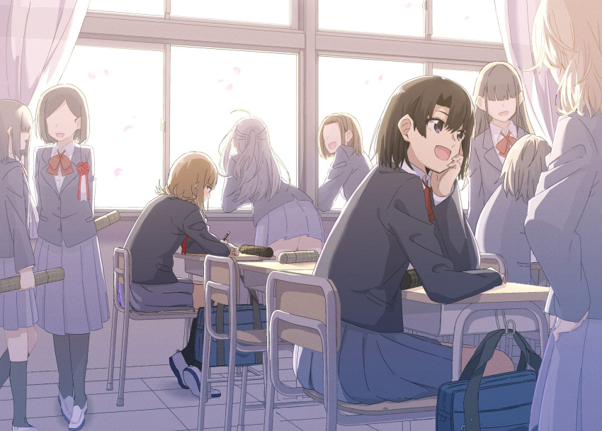 6+girls absurdres bag black_hair bow bowtie brown_hair chair classroom coat curtains desk highres indoors long_hair multiple_girls open_mouth original school school_bag school_uniform shiime short_hair sitting skirt smile standing sunlight window