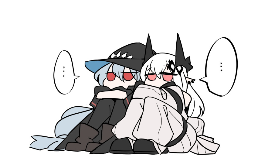 ... 2girls arknights black_footwear black_headwear black_pants blank_eyes boots brown_footwear commentary earrings hat highres hisaki_(morenabe) horns hugging_own_legs jewelry mudrock_(arknights) multiple_girls oversized_clothes pants pointy_ears red_eyes sitting skadi_(arknights) speech_bubble white_hair